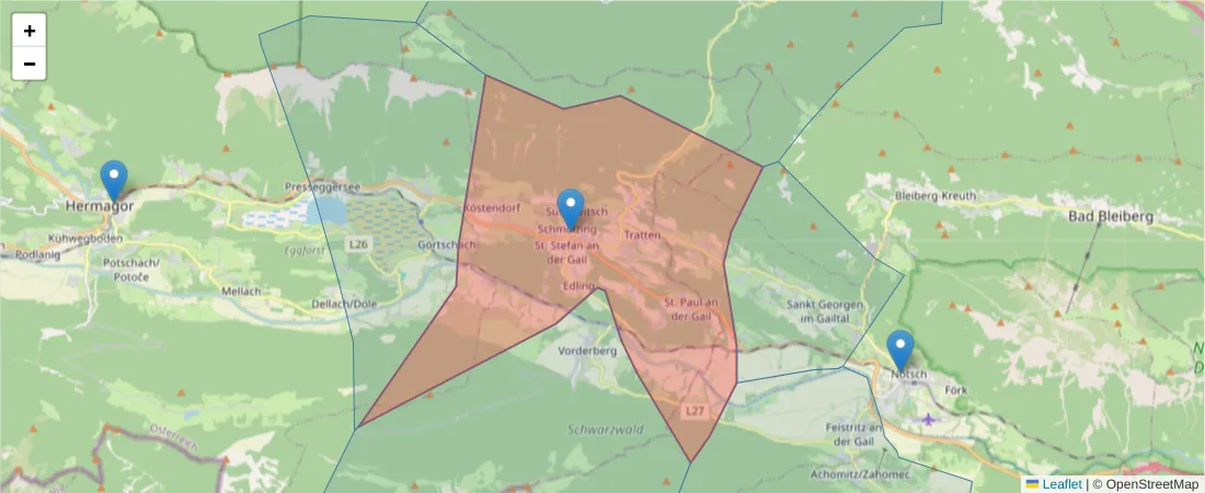 Karte des Postleitzahlen Bereichs  und der umliegenden Postleitzahlen in Deutschland